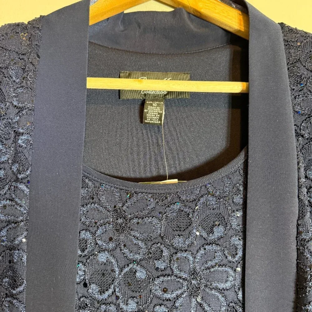R&M Richards Lace & Sequin Jacket Tank Set Women's 10 Blue Formal Dressy Sparkly